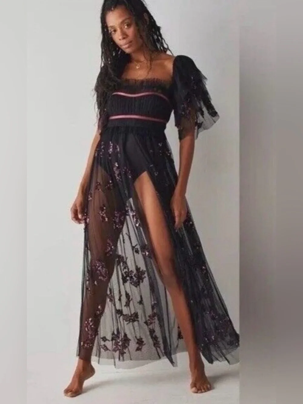 Free People Just A Dream Maxi Bodysuit Black Sequin Sheer Mesh Dress Size Small - Picture 8 of 16